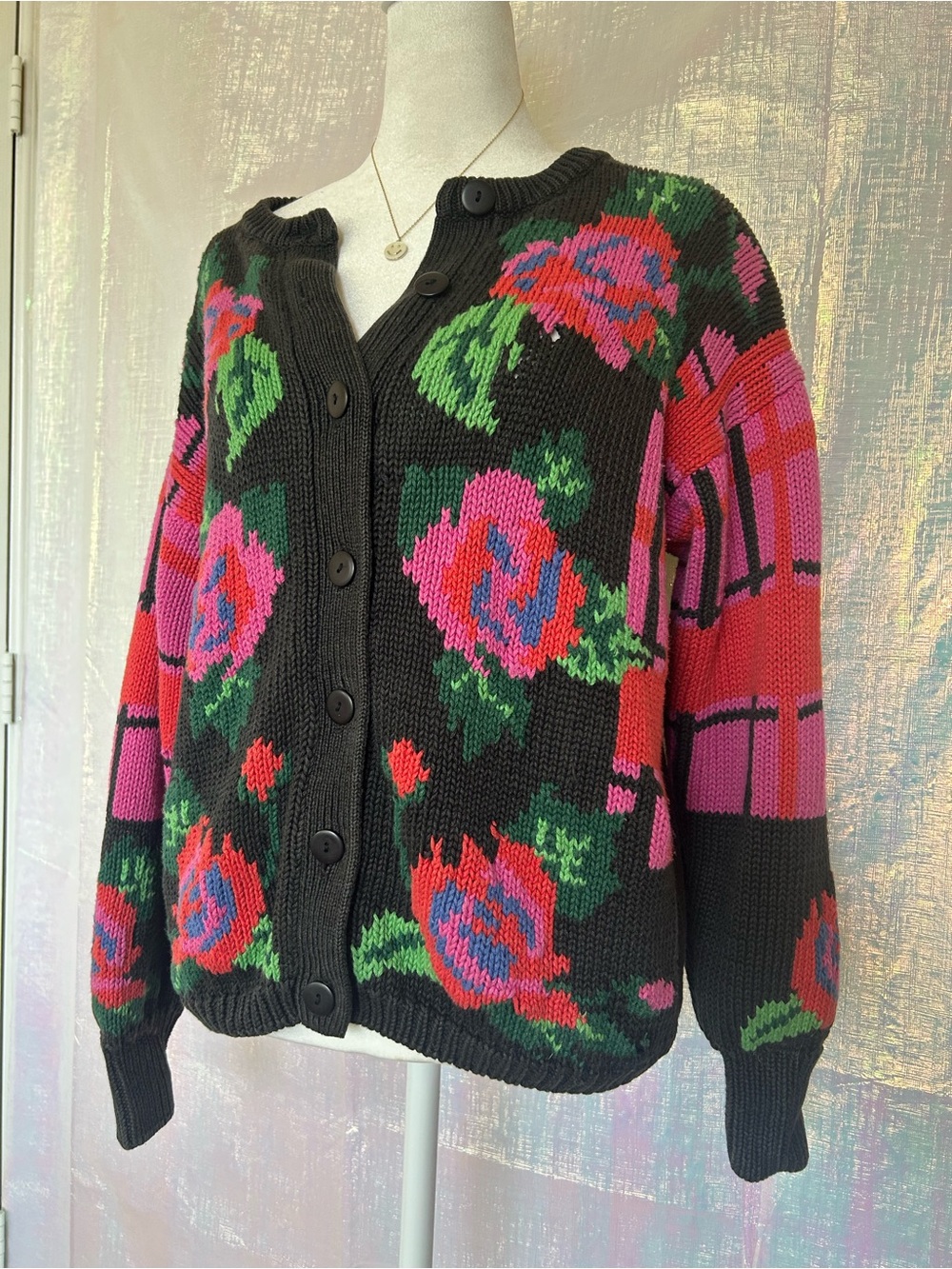 Women's Black Floral Knit Cardigan Sweater - Pink & Green Rose Pattern